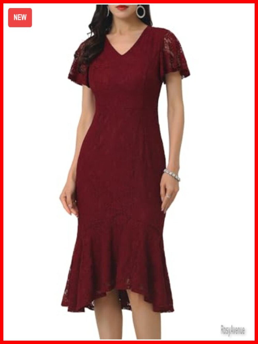 Lace Floral Midi Dress Fishtail Formal Cocktail Short Sleeve